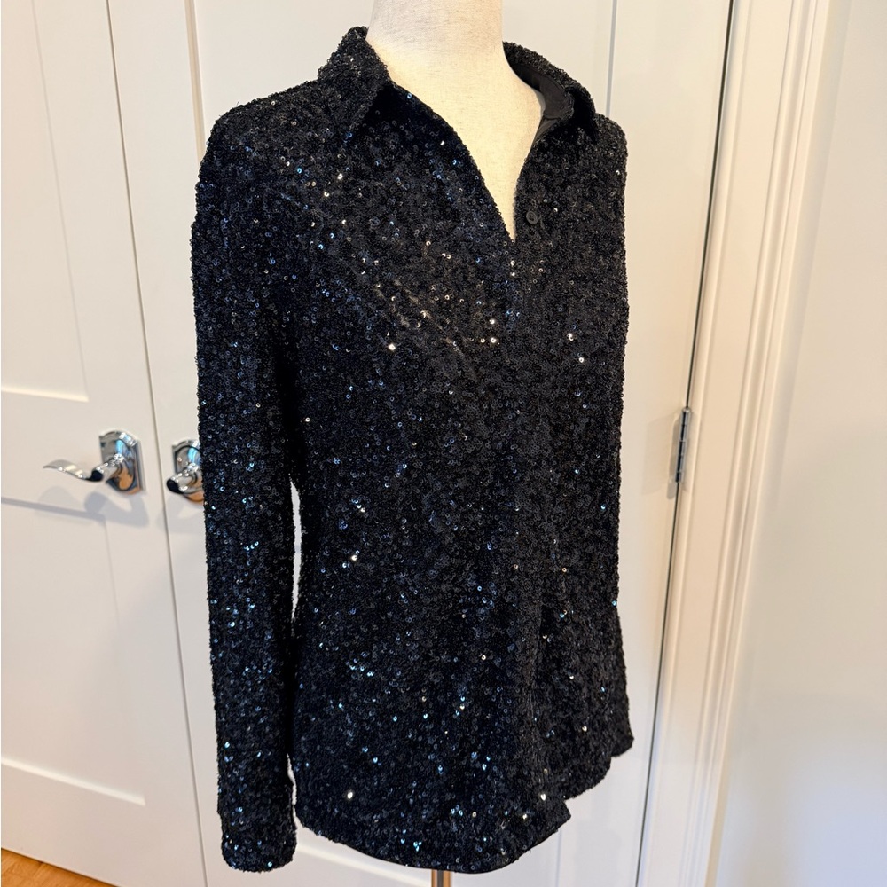 Express Black Sequin Button Down Shirt - image 10